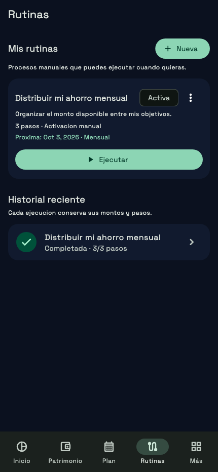 Rutinas de la cuenta demo, con su próxima fecha e historial